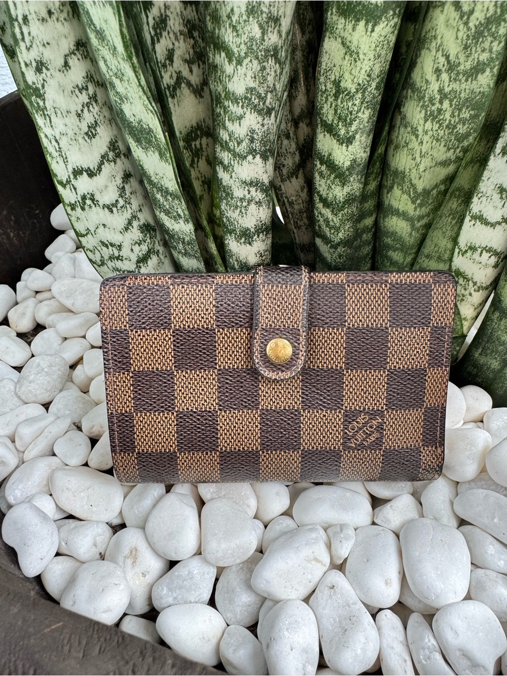 Louis Vuitton Damier Ebene Kiss Lock Bifold Wallet Brown Gold